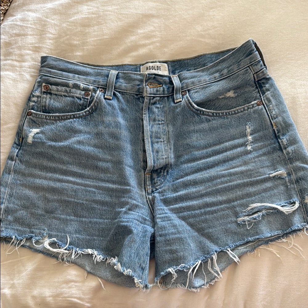 Agolde Parker Long Blue Jean Shorts Distressed Raw Hem
